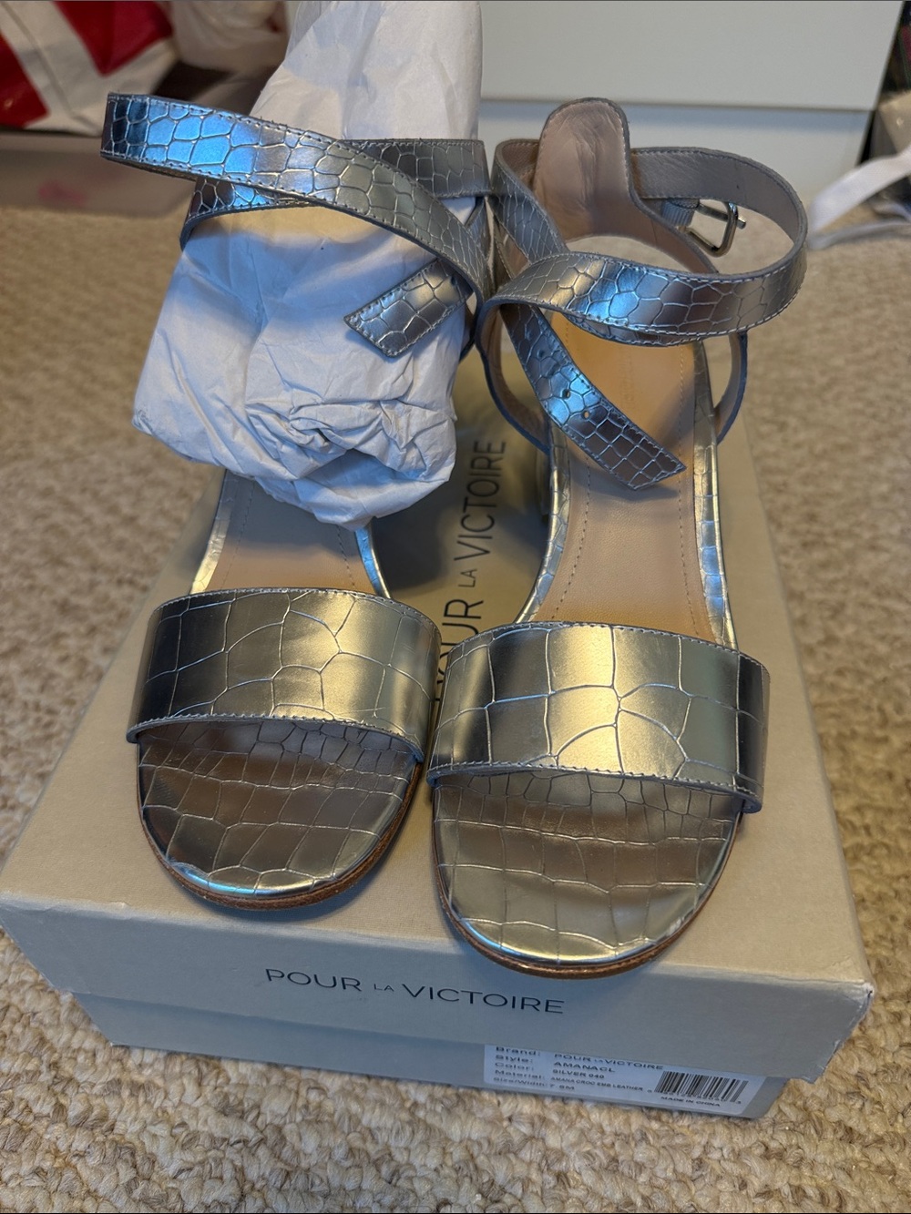 Pour La Victoire Metallic Silver Croc-Embossed Ankle-Strap Sandals
